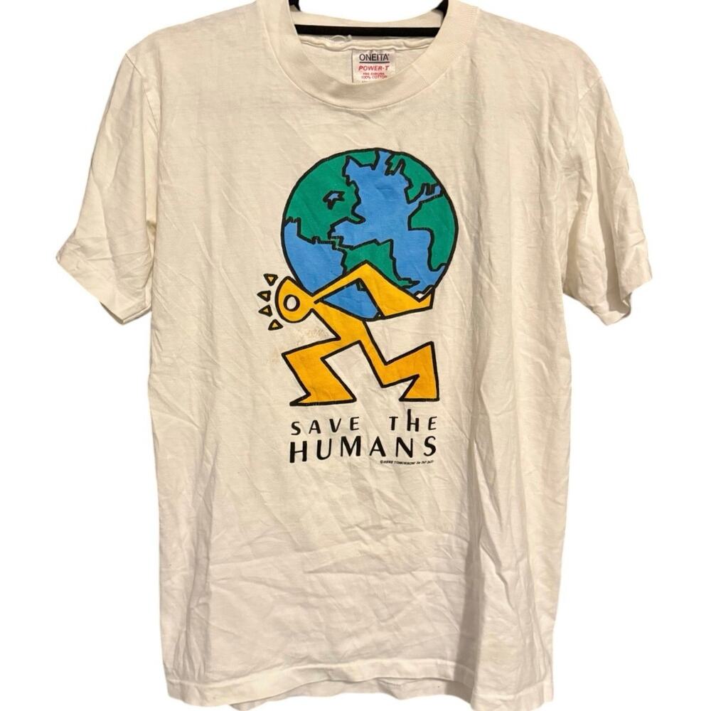 Vintage 90s Save the Humans Earth Art Single Stitch Shirt Adult Medium